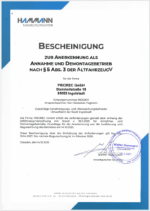 Bild_Bescheinigung Annahme-u-Demontagebetrieb-§5-AltfahrzeugV_gültig bis 13.04.2027_PRIOREC